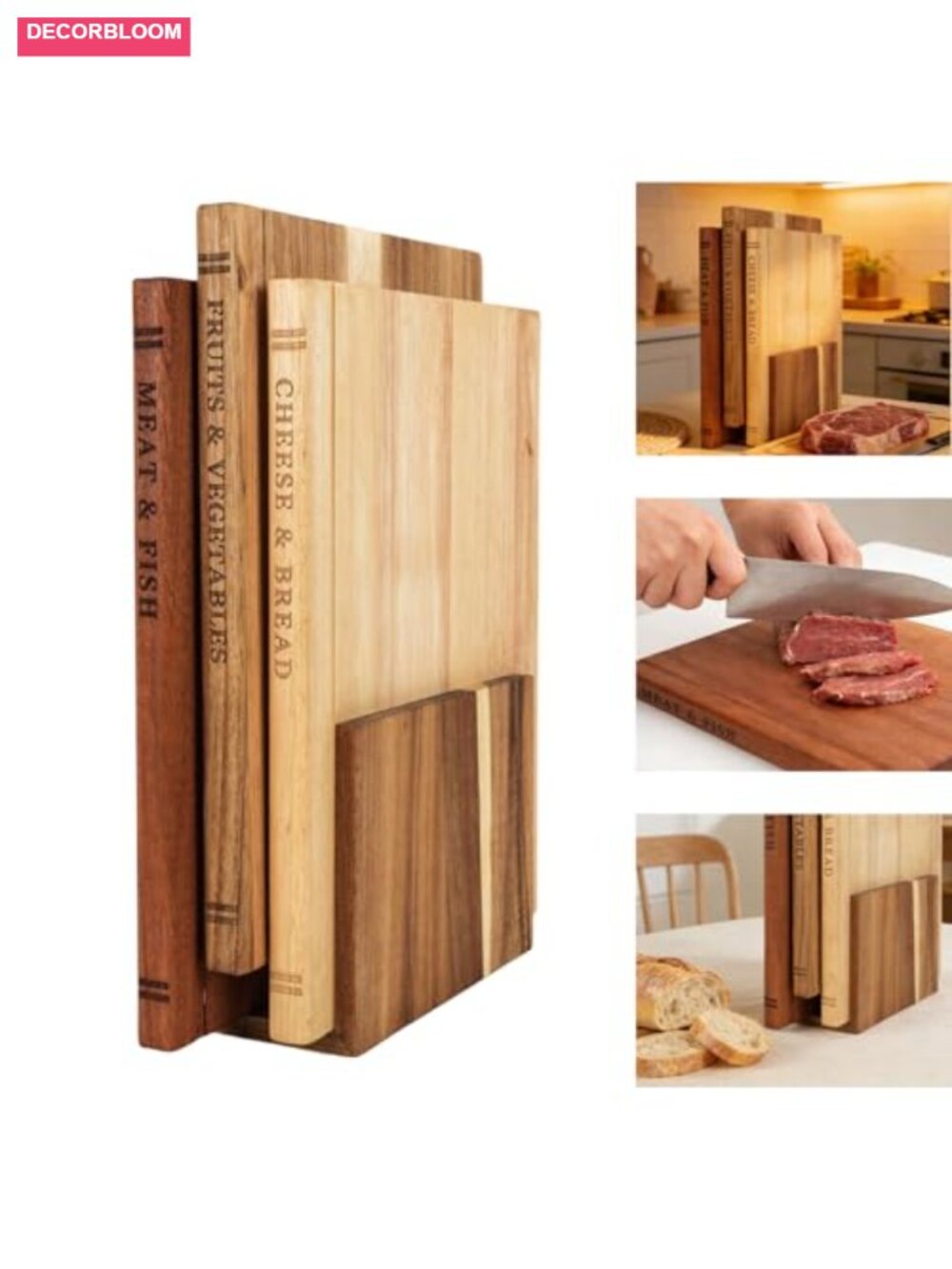 Acacia Wood Book-Shaped Cutting Board Set of 3 with Stand Labeled for Meat